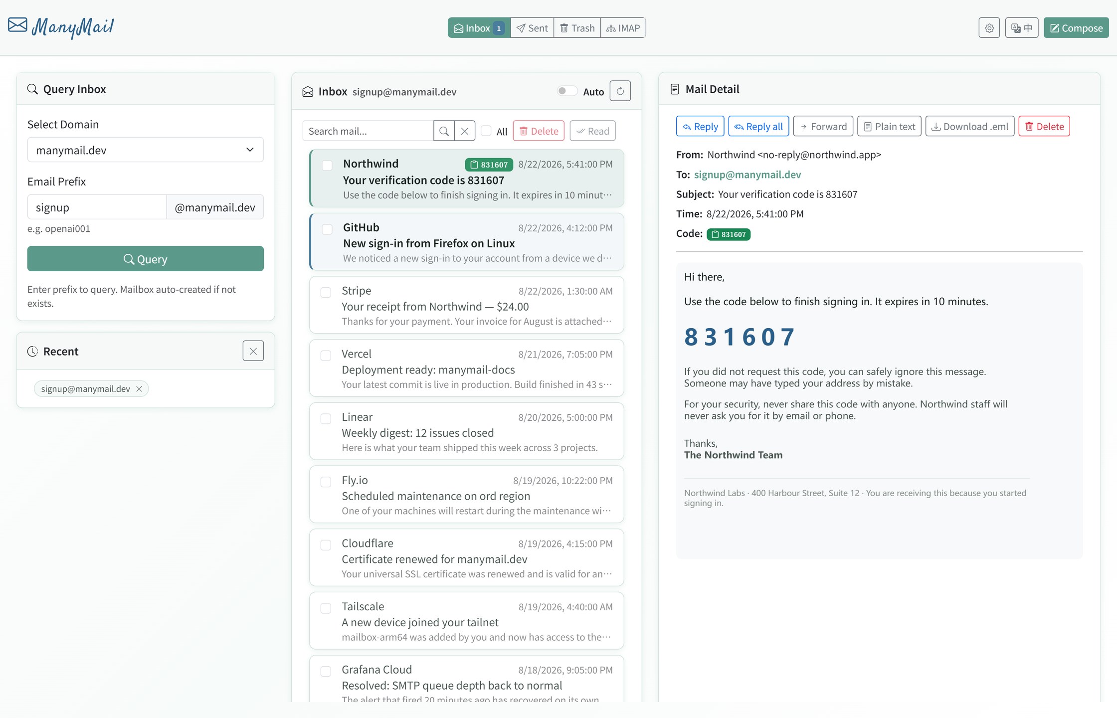 ManyMail webmail inbox — self-hosted email interface with search, verification code extraction and reply